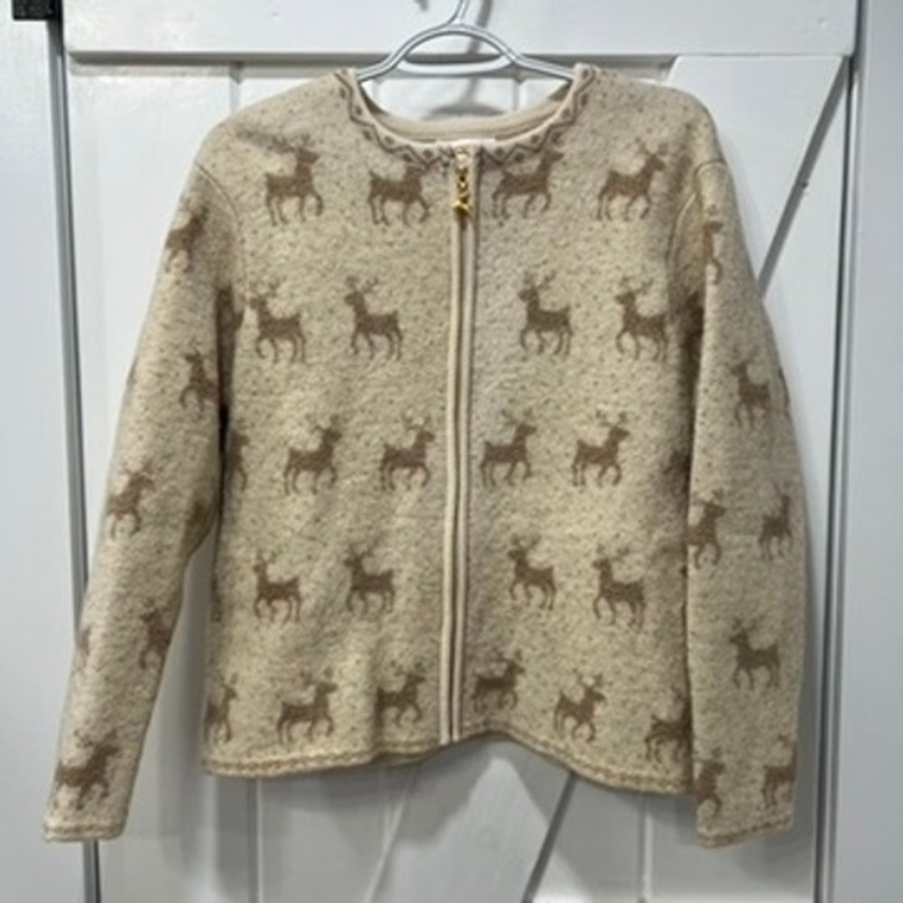 Talbots Womens Sweater Wool Zip Crewneck Reindeer Novelty Brown Knit Soft Medium